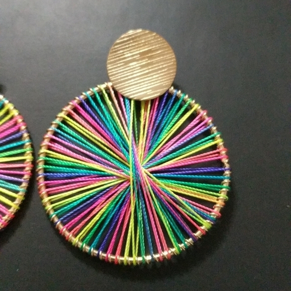 Gold Tone Rainbow Silk Thread Wrapped Hoop Drop Statement Earrings - Picture 2 of 2